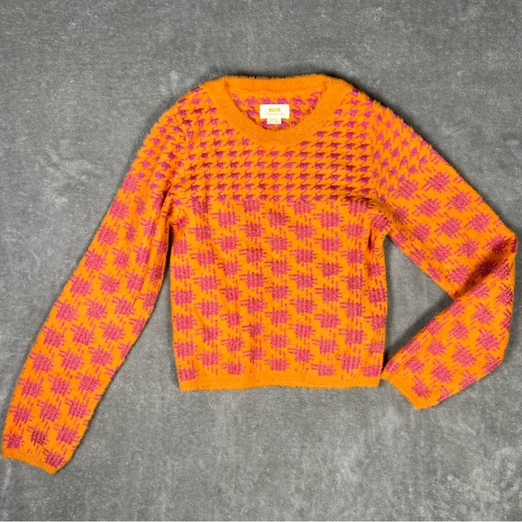 Anthropologie Sweater Womens XS Maeve Houndstooth Fuzzy Cropped Shimmer Preppy - Picture 4 of 9